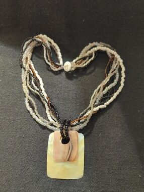 Black White Brown Beaded Shell Pendant Statement Necklace